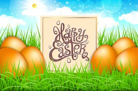 Orange eggs in a field of grass with blue sky. happy easter lettering modern  Stock Illustration