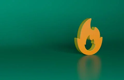 Orange Fire flame icon isolated on green background. Minimalism concept. 3D Stock Illustration