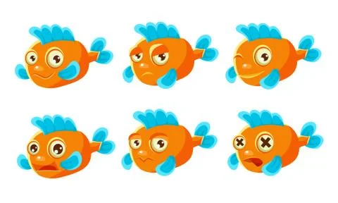 Orange Fish with Different Emotions Set, Cute Sea Creature Cartoon Character Ilustración de archivo