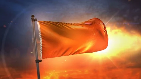 Orange Flag Backlit At Beautiful Sunrise Loop Slow Motion 3D Rendering 4K Stock Footage 76925699
