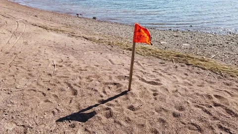 Orange flag on the beach Stock Footage 153078474