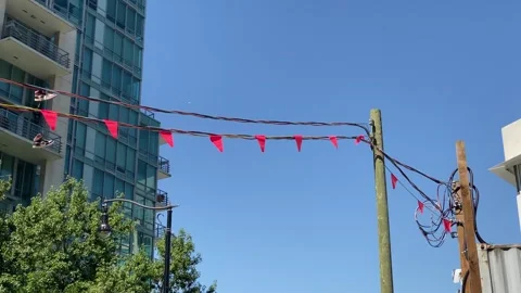 Orange flags on power lines for construction Stock Footage 281058708