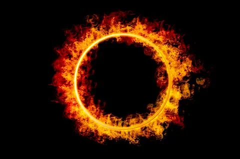 Orange flame circle frame on black background Stock Photos
