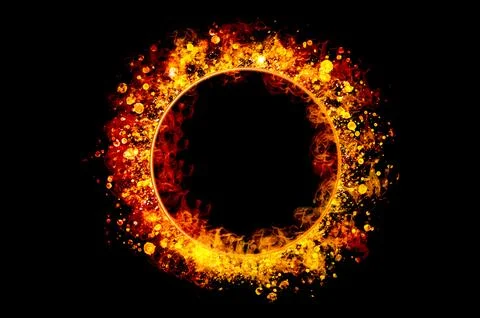 Orange flame circle frame on black background Stock Photos