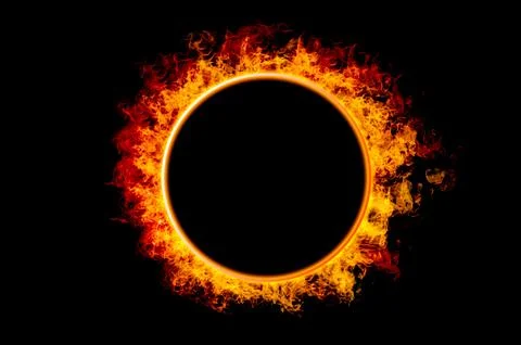 Orange flame circle frame on black background Stock Photos