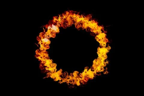 Orange flame circle frame on black background Stock Photos
