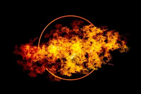 Orange flame circle frame on black background Stock Photos