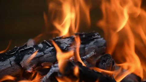 Orange flames on burning logs turning to embers. Stock Footage 240938360