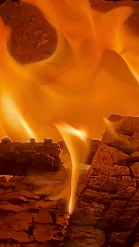 Orange flames burning wood logs in a dark fireplace Video stock 331982958