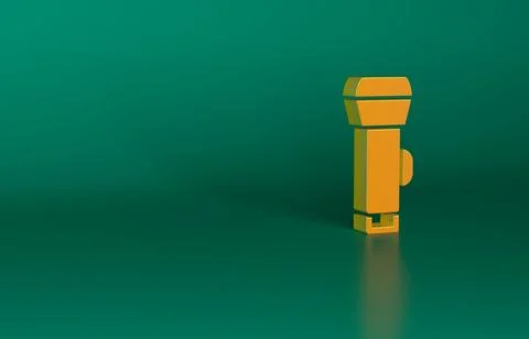 Orange Flashlight icon isolated on green background. Minimalism concept. 3D 스톡 일러스트