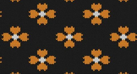 Orange flower on grey knitted pattern, Festive Sweater Design. Seamless Kni.. Illustrazione stock