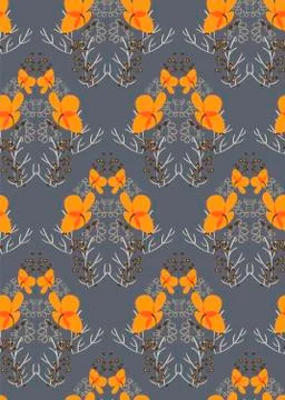 Orange flower grey seamless pattern vector floral design primitive scandinavi Stock Illustration