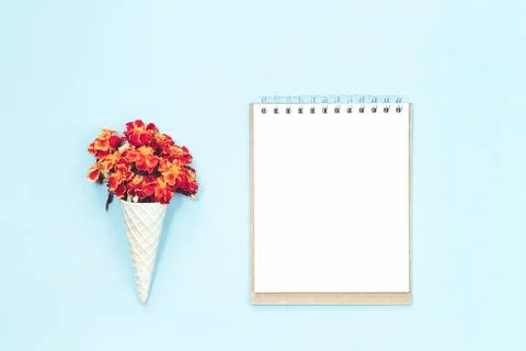 Orange flowers with blank notepad on light blue Stock Photos