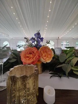 Orange flowers on wedding table Stock Photos