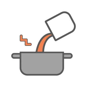 Orange fluid is poured from a container into a gray pot icon 스톡 일러스트