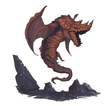 Orange flying cave dragon guarding it's underground crystals isolated white b Stock Illustration