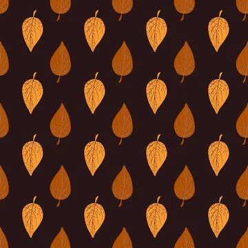 Orange foliage seamless pattern with simple leaf ornament. Brown dark backgro Stock Illustration