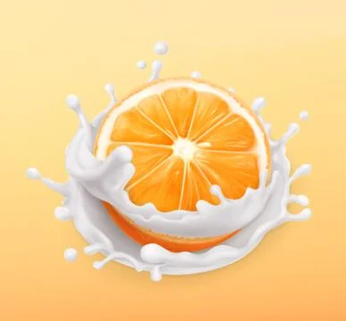 Orange fruit and milk splash. Fruit and yogurt. Realistic illustration. 3d .. Illustrazione stock