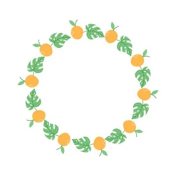 Orange Fruit and Monstera Leaf Wreath Frame Hand Drawn Vector Illustration Stock Illustration