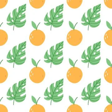Orange fruit and monstera leaf pattern flat hand-drawn tropical seamless 스톡 일러스트