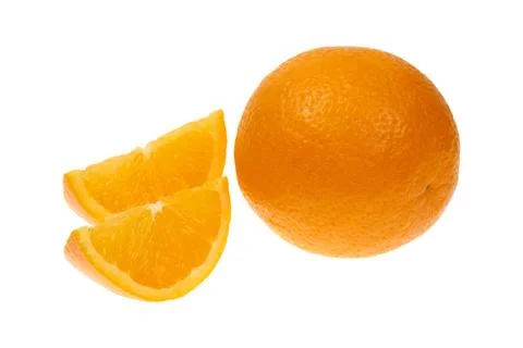 Orange fruit and two segments or cantles isolated on white background cutout 库存照片