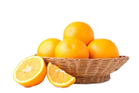 Orange fruit in basket on a white background Stock Photos
