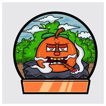 Orange Fruit Cartoon Character Do Smoking In Jungle. Blank Sign and Circle .. Stock Illustration
