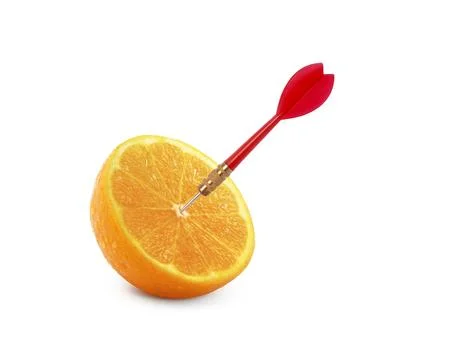 Orange fruit with circular target marked and red dart on white background. .. Stock Photos