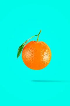 Orange fruit on creative colored background with clipping path as package design Stock Photos