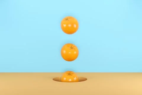 Orange fruit floating from hole on  blue color background. minimal fruits ide Stock Illustration