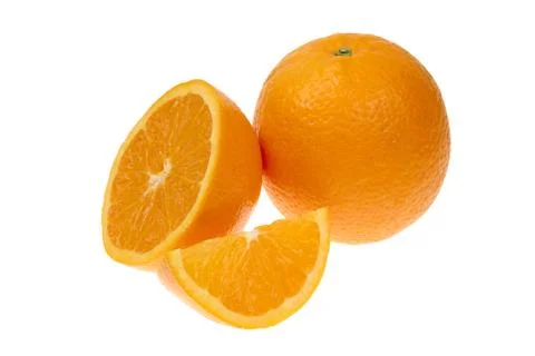 Orange fruit half and one segment or cantles isolated on white background cutout Stock Photos