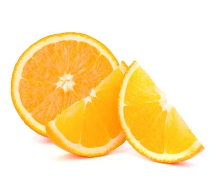 Orange fruit half and two segments or cantles Stock Photos