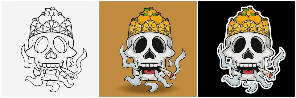 Orange Fruit Inside Skull Head With Smoking Character Cartoon. Black White,.. Stock Illustration
