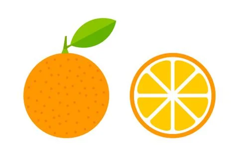 Orange fruit with leaf and slice icons. Vector illustration. Stock Illustration