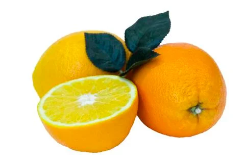 Orange fruit with leaf isolated on white. Foto stock