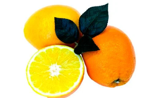 Orange fruit with leaf isolated on white. Stock Photos