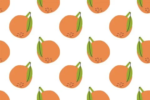 Orange fruit with leaf. Seamless pattern. Hand drawn vector illustration. Swe Stock Illustration
