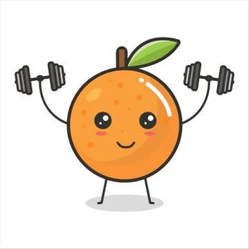 Orange fruit lifting the barbell in both hands Mascot Character Cute Outline  Stock Illustration