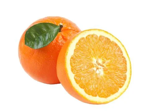 Orange fruit with orange slice and green leaf on white Stock Photos