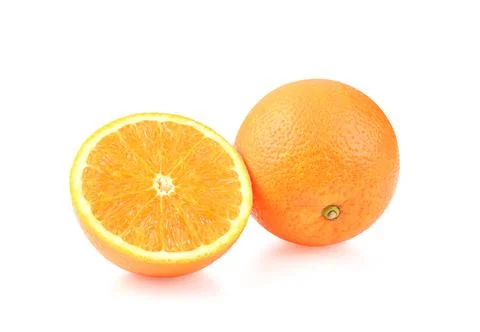 Orange fruit. Orange slice half and one segment on white background. Stock-Fotos