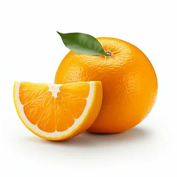 Orange fruit with orange slices and leaves isolated on white background Stock Photos