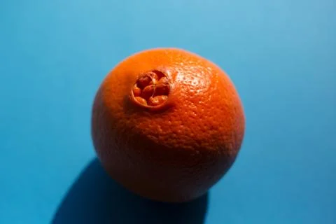 Orange fruit over blue background with shadow. Stock Photos