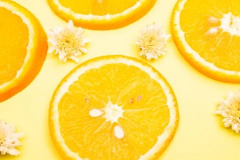 Orange fruit pattern composition. Summer healthy food background. Stock Photos