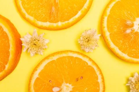 Orange fruit pattern composition. Summer healthy food background. Stock Photos