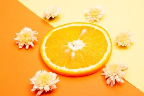 Orange fruit pattern composition. Summer healthy food background. Stock Photos