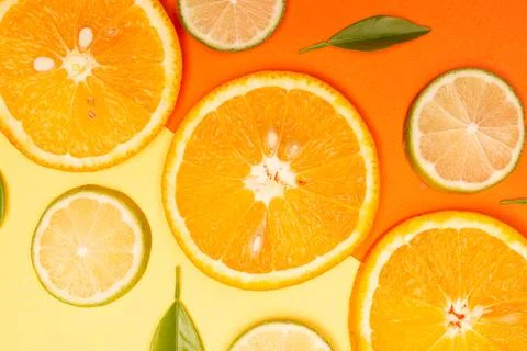 Orange fruit pattern composition. Summer healthy food background. Stock Photos