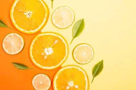 Orange fruit pattern composition. Summer healthy food background. Stock Photos