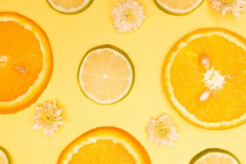 Orange fruit pattern composition. Summer healthy food background. Stock Photos