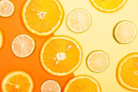 Orange fruit pattern composition. Summer healthy food background. Stock Photos