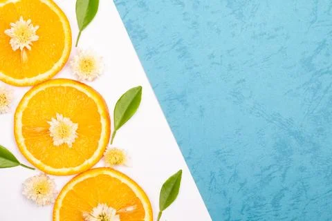 Orange fruit pattern composition. Summer healthy food background. Stock Photos